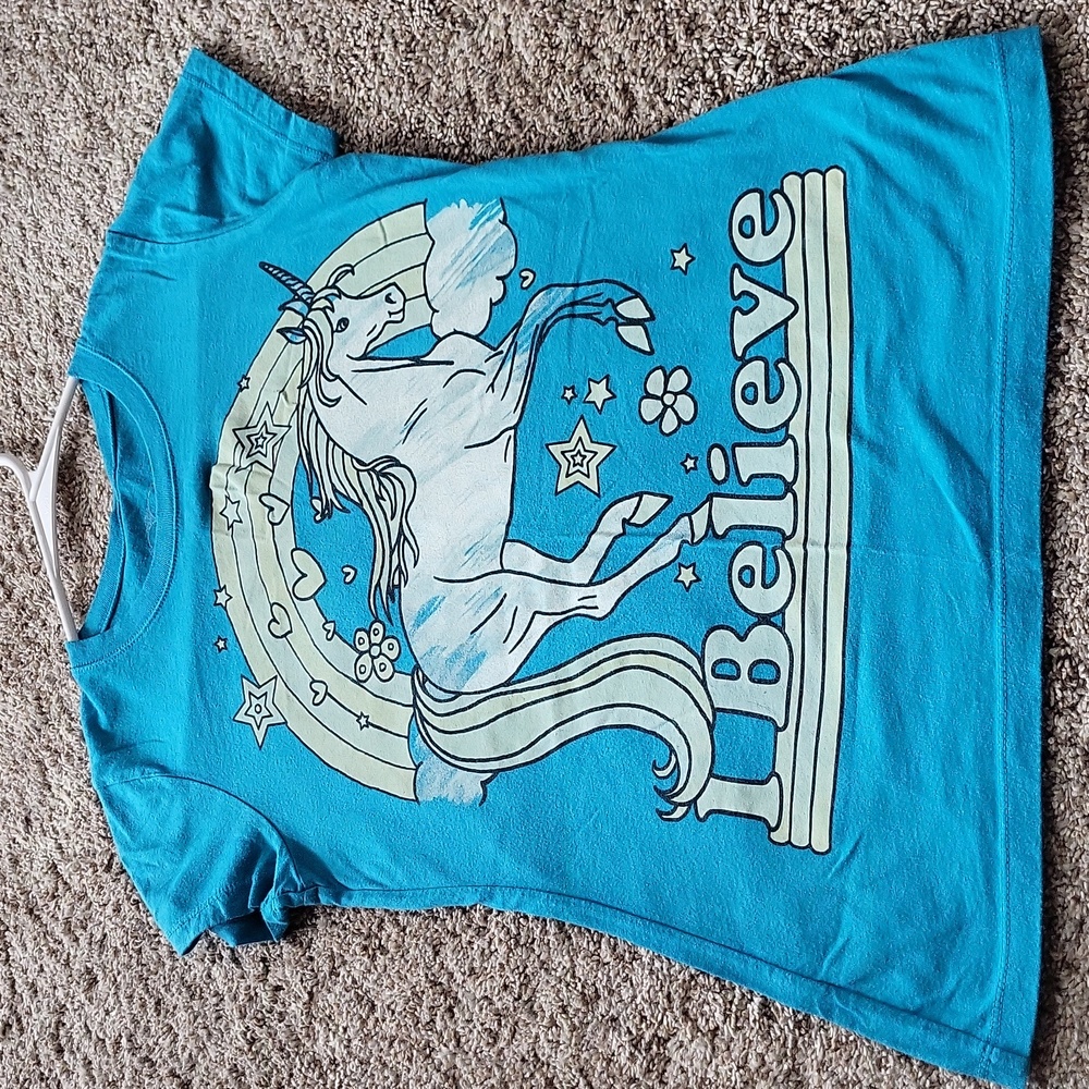 First Love Aqua Crewneck T-shirt with Unicorn and Rainbow